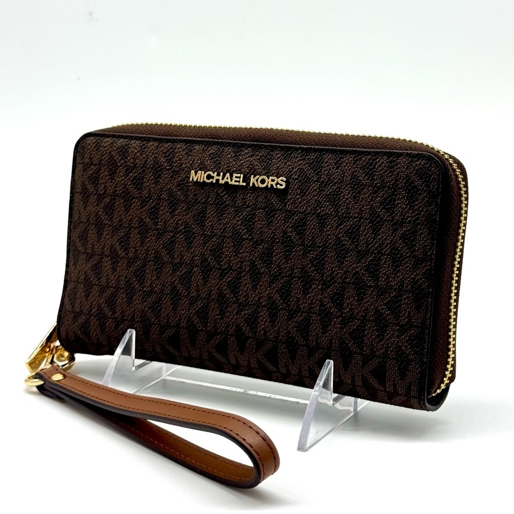 Michael Kors Large Jet Set Travel Flat Phone Case Wallet - Brown Signature - Picture 2 of 8